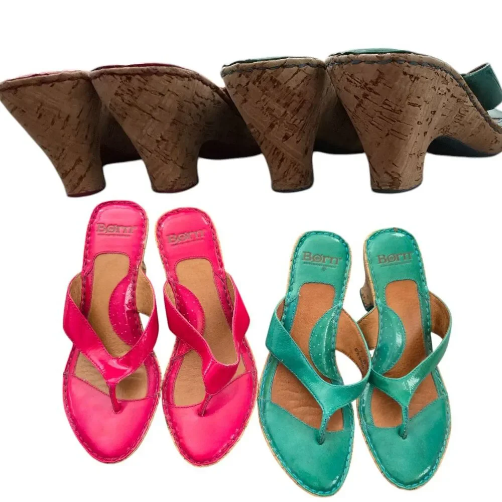 2 Pairs of Born Hot Pink & Teal Turquoise Leather Cork Wedge Sandal Shoes - Picture 3 of 5